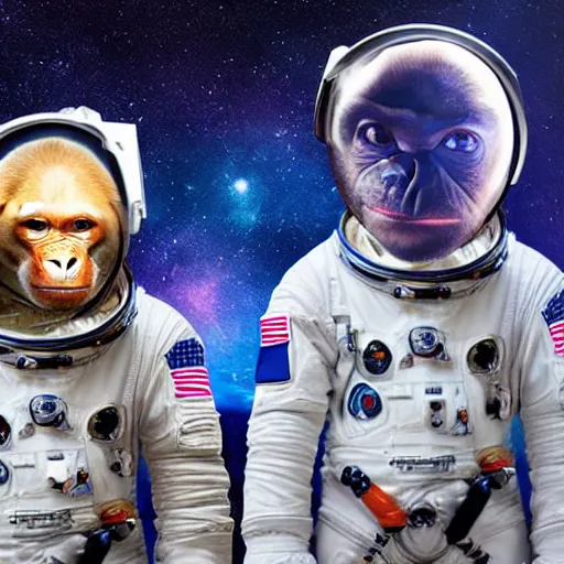 Prompt: double exposure portrait split in the middle of a astronaut and one chimpanzee in a suit posing with space in the background, pencil art, double, dynamic lighting stars, sharpness, golden ratio