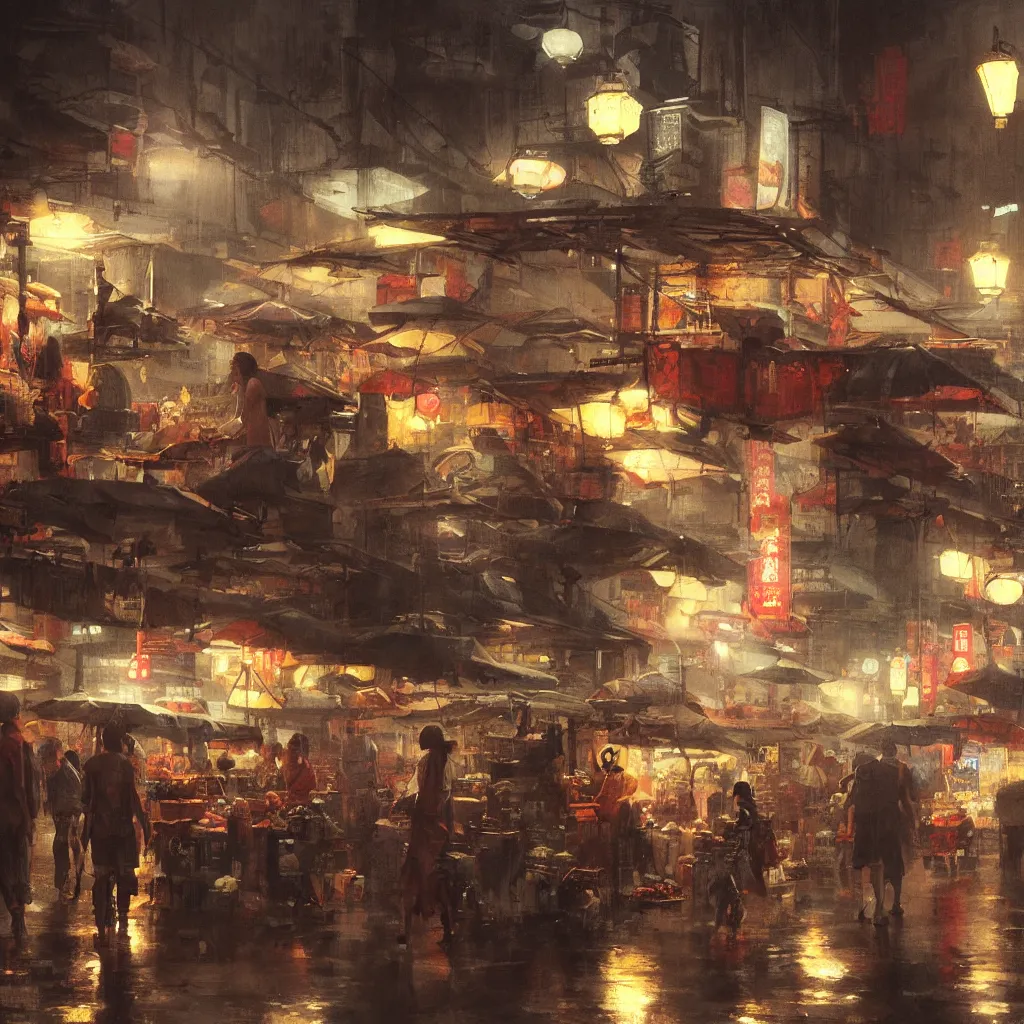 Image similar to an asian wet market at night, by greg rutkowski