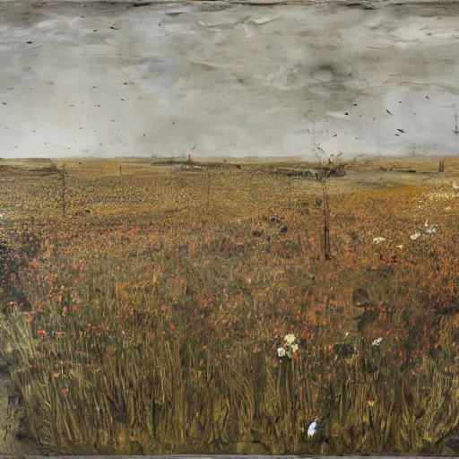 Prompt: upon the heath, where we made our bed, the flowers and grass pressed down, by Anselm Kiefer, matte painting, oil paint, shellac, charcoal, straw and gold leaf on canvas, concept art, 4k,