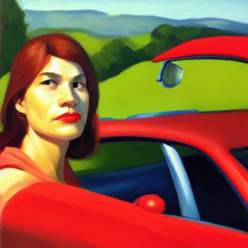 Prompt: Close-up portrait in car, dated a woman that lived on Cooterneck Road, She had a Catfish Camero and was cooler than me, by Edward Hopper, Bo Bartlett, and Cynthia Sheppard, Artstation