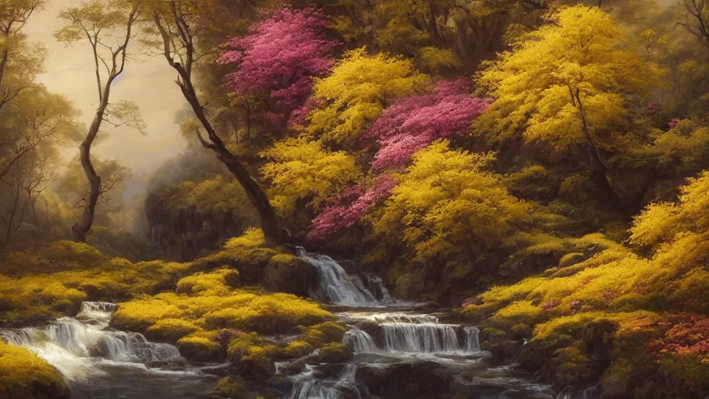 Image similar to A beautiful landscape oil painting of a hill with trees, the spring has arrived and the trees are blooming and covered with yellow, pink, purple and red flowers, the river come from the waterfall and is zigzagging and flowing its way, the river has lots of dark grey rocks, by Greg Rutkowski