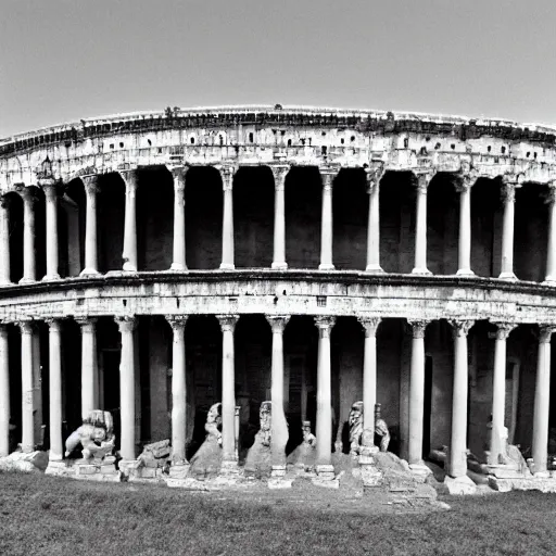 Prompt: a cheap film photograph of the Roman Senate the day Julius Caesar was stabbed