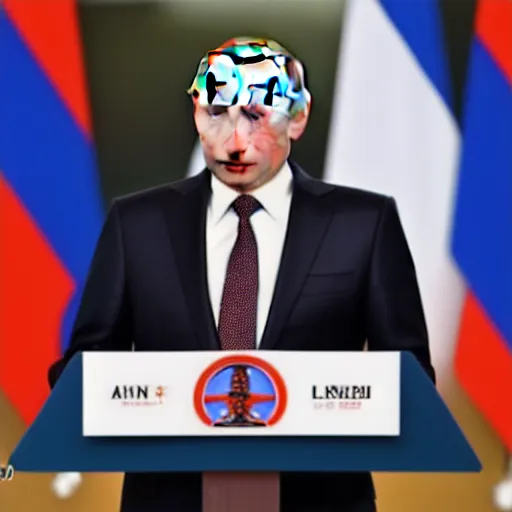 Prompt: press photo annie leonhart, vladimir putin hold joint press conference in biarritz, press conference, zeiss 1 5 0 mm, sharp focus, natural lighting, ultra realistic, high definition 4 k photo, g 7 summit press photos