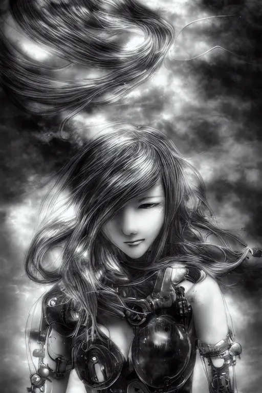 Image similar to a vertical portrait of a character in a scenic environment by Yoshitaka Amano, black and white, dreamy, cybernetic suit, wavy long black hair, highly detailed