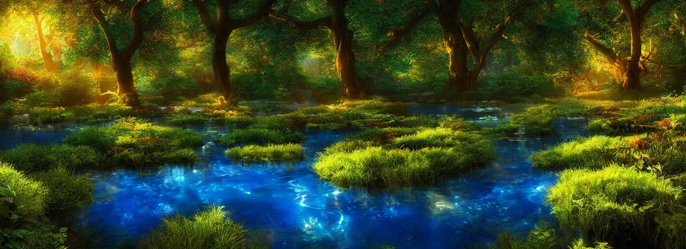 Image similar to photograph of enchanted garden, clear blue pond in the middle, rays of light by marc adamus, highly detailed, intricate detail, cinematic lighting