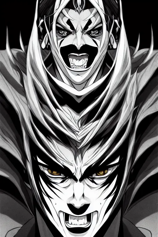 Prompt: handsome young demon king man only, evil grin, manga style only, wallpaper aesthetic, black white and yellow colors only, symmetrical face, demonic, cinematic, dramatic, powerful, super detailed and intricate, elegant, hyper realistic, 8 k render, by artgerm, by kyoung hwan kim, by ralph mcquarrie, by yoshiyuki tomino