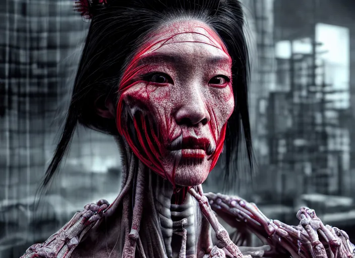 Image similar to mid shot portrait of a geisha ninja with transparent skin, visible muscle and bones and veins and nerves, david cronenberg, hyperrealism, detailed textures, photorealistic 3 d cyberpunk apocalyptic city, futuristic clothing and helmet, ultra realistic, cinematic, intricate, cinematic light, unreal engine 8 k, octane render, unreal engine by david kostic and stanley lau and artgerm