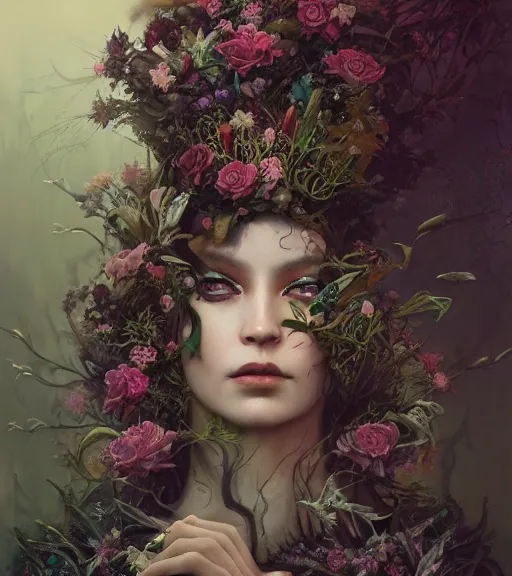 Prompt: portrait of the supreme queen of the dark cult, surrounded by skulls and overgrowth and dark flowers by WLOP, karol bak, James Jean, tom bagshaw, rococo, trending on artstation, cinematic lighting, hyper realism, octane render, 8k, hyper detailed.