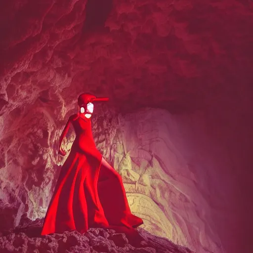 Prompt: undeveloped image of female fashion model in year 3000 in a cave, model wearing a surreal Avant-garde helmet in red, dramatic lighting,photography , official Versace editorial , highly detailed