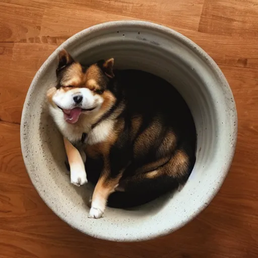 Prompt: 📷🐕👅🚰bowl