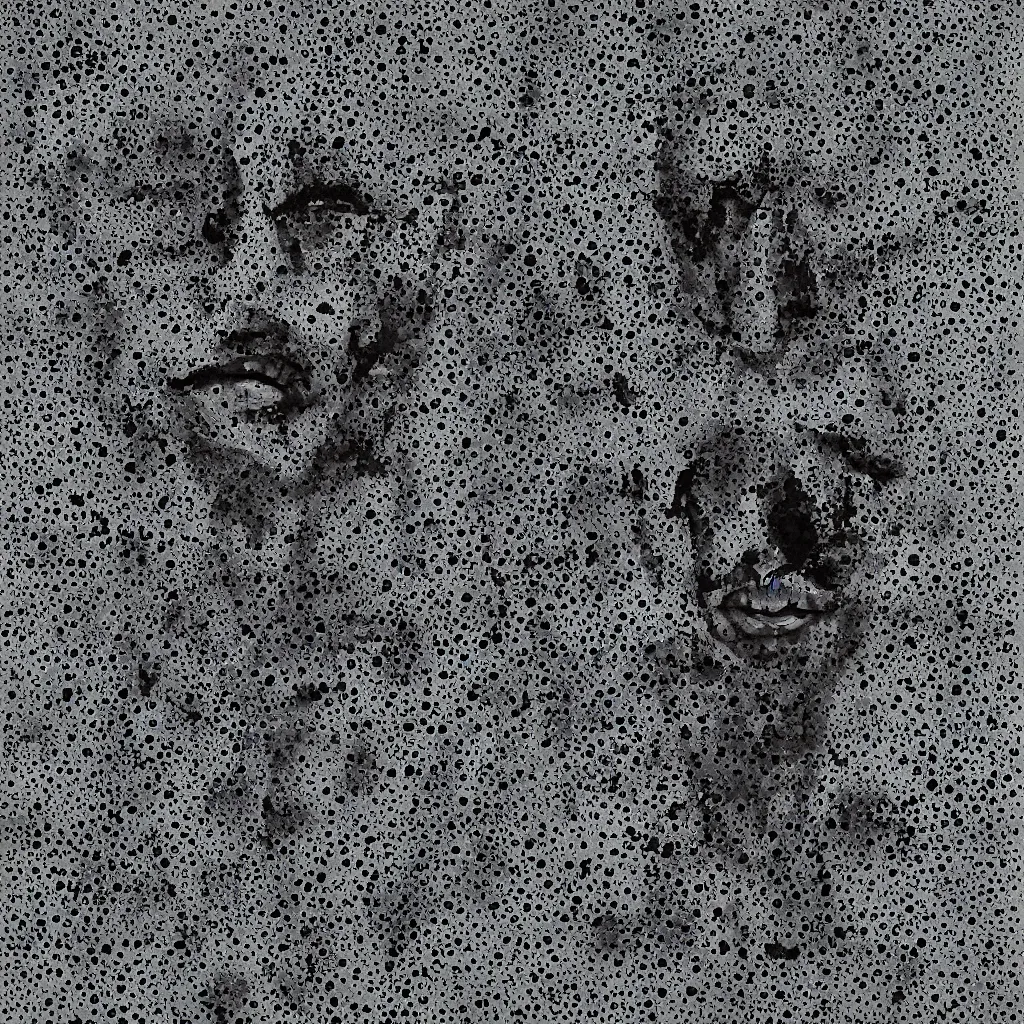 Image similar to camo made of out teeth, smiling, abstract, maya bloch artwork, do hoang tuong artwork, cryptic, dots, stipple, lines, splotch, concrete, color tearing, pitch bending, faceless people, tribal, dark, ominous, eerie, minimal, points, technical, painting