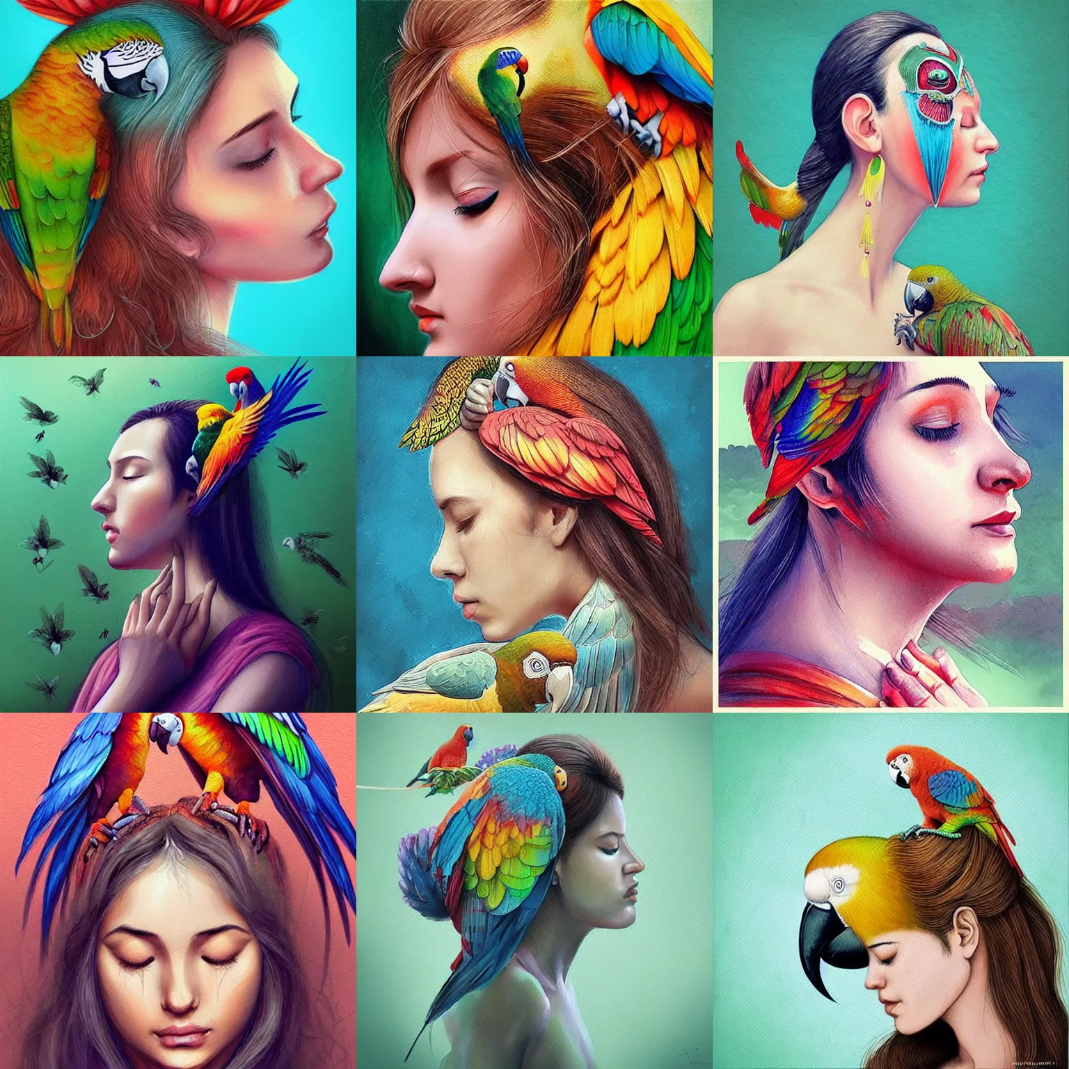 Prompt: “Woman meditating, parrot on head, parrot on head, parrot on head, ultra-detailed, incredibly detailed, amazing fine details, concept art, digital painting, watercolor oil painting, trending on artstation, by artgerm”