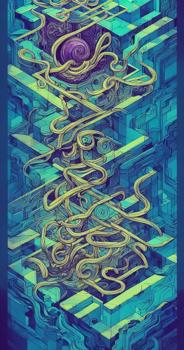 Image similar to arcane twisted turn of fate abstraction, centered award winning ink pen illustration, isometric abstract illustration by dan mumford, edited by craola, technical drawing by beeple and tooth wu, tiny details by artgerm and watercolor girl, symmetrically isometrically centered