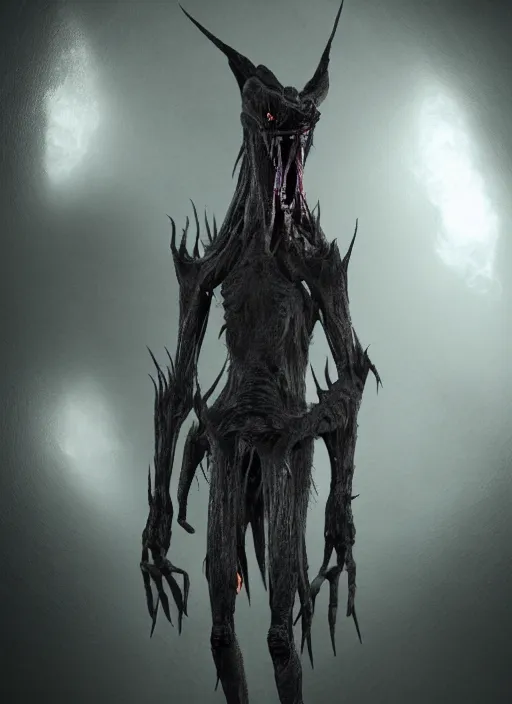 Image similar to tall bipedal creature in the darkness, long claws, large long pointy teeth, drooling, hunched over, dark cavern, no hair, dark skin, no light, highly intricate, detailed, 8 k