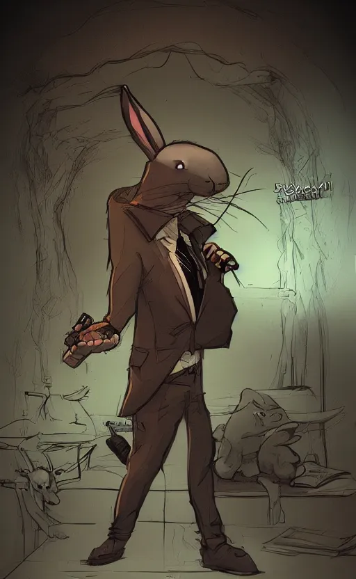 Image similar to rabbit hitman, comic strip style, dynamic lighting, fantasy concept art, trending on art station, stunning visuals, creative, cinematic, ultra detailed