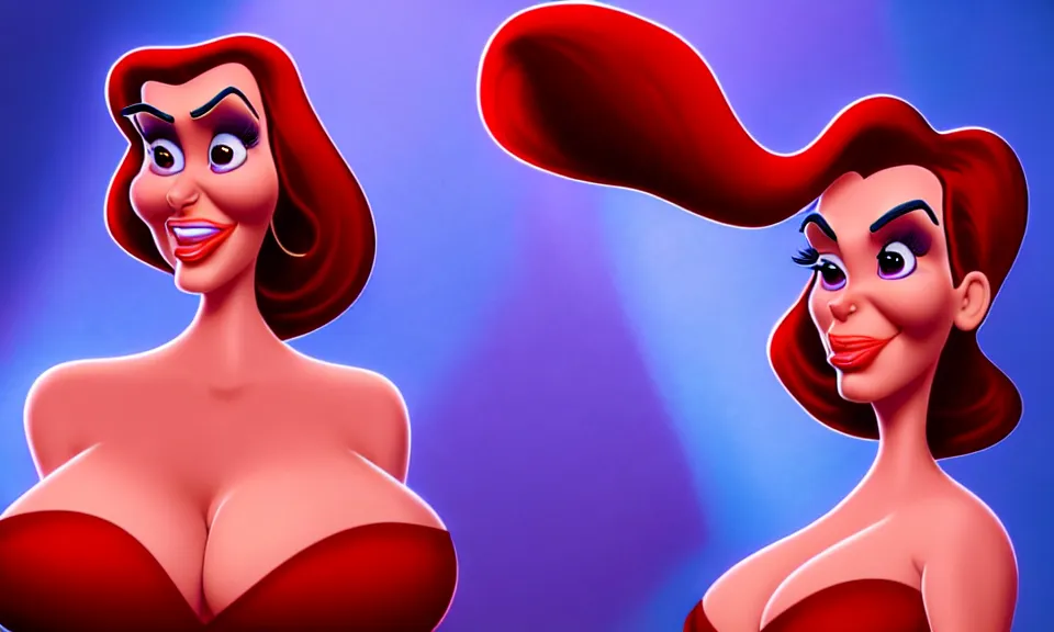 Image similar to epic professional digital art of kim kardashian as jessica rabbit in movie still from who framed roger rabbit, atmospheric lighting, foreboding, lignacio fernandez rios, mark ryden, iris van herpen, artstation, cgsociety, wlop