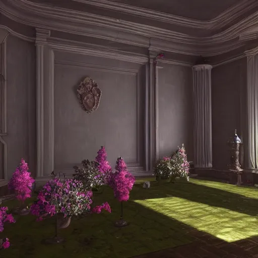 Prompt: a garden inside an empty room, classic decoration, surreal, atmospheric lighting, unreal engine, 8 k