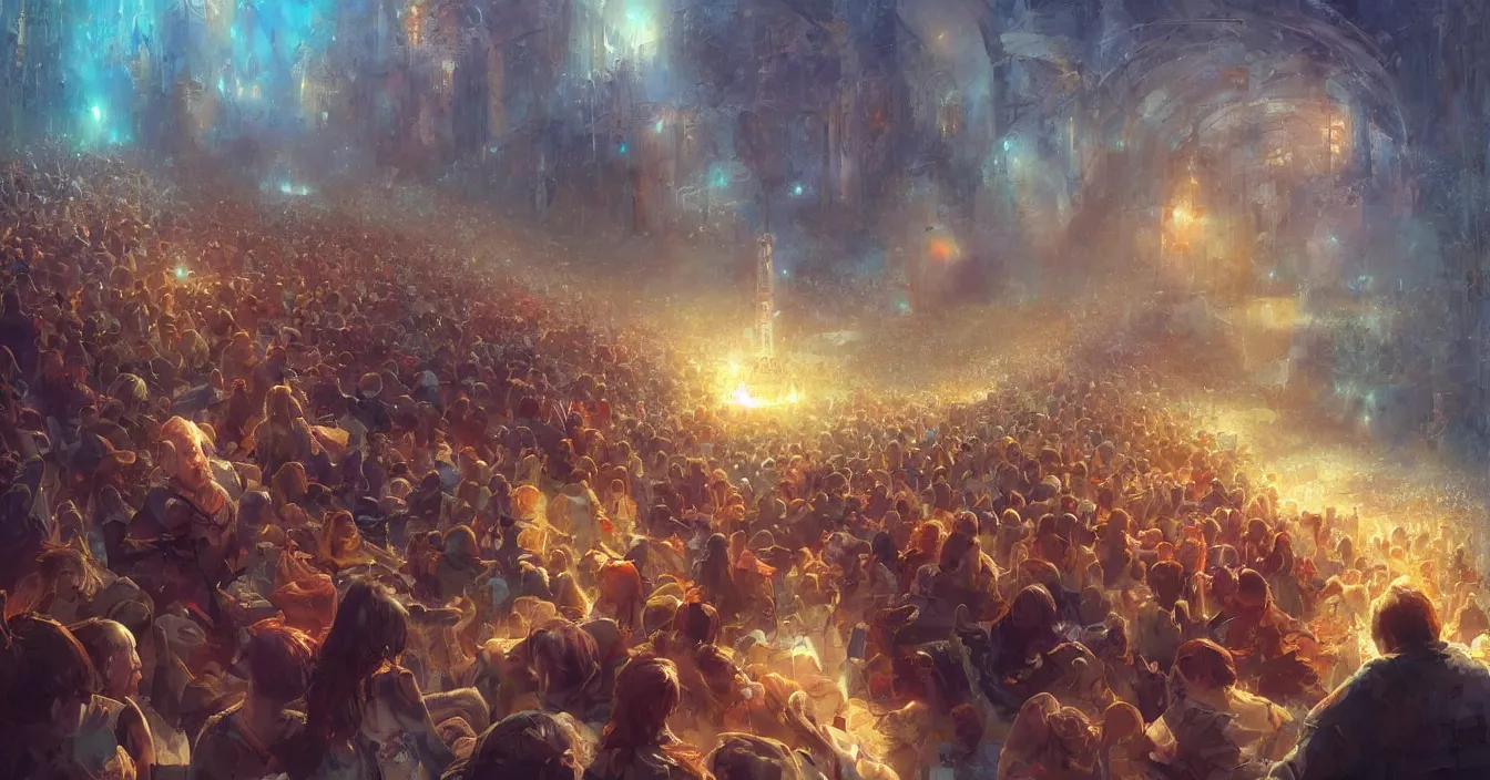 Image similar to Imagination of human souls sitting in cinema like room and watch very interested bright warm light of consciousness projecting their lives on the big wide screen, realistic, deep sense of spirituality, life meaning, meaning of physical reality, calm atmosphere, by Marc Simonetti