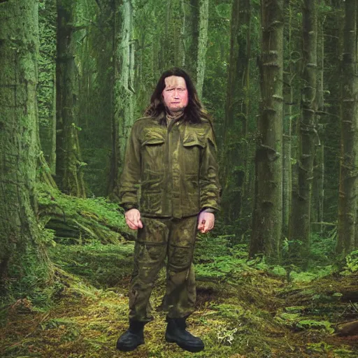 Prompt: Picture of Long-haired male wearing military jacket surrounded by forest, trees and stars