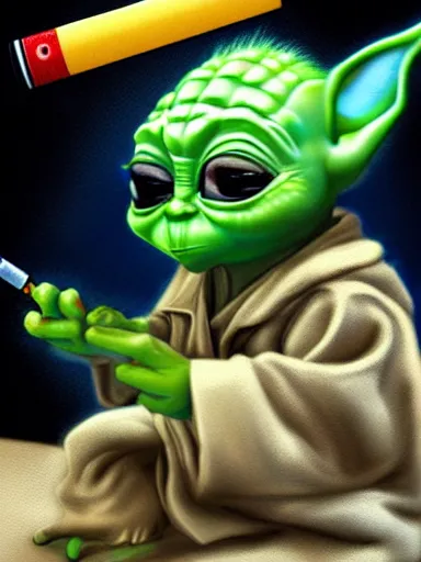 Image similar to baby yoda smocking a joint cigarette, weed, digital painting, artstation, highly detailed