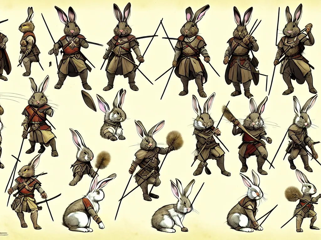 Image similar to character design sheet for a group of heroic rabbit archers on a parchment background, redwall, greg rutowski and jean baptiste monge, very very detailed, epic fantasy concept art