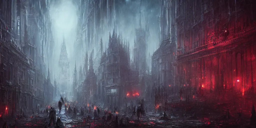Image similar to a huge crowded megacity in the style of bloodborne, dark souls, demon souls, gothic art, dark fantasy, concept art, digital painting, volumetric lighting, trending on art station, night time, moon light, god rays, highly detailed
