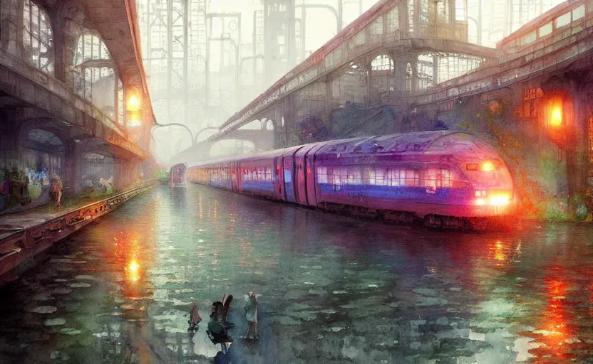 Image similar to an urban train rides inside of a waterway on a fantasy city. intricate, amazing composition, colorful watercolor, by ruan jia, by maxfield parrish, by marc simonetti, by hikari shimoda, by robert hubert, by zhang kechun, illustration, gloomy