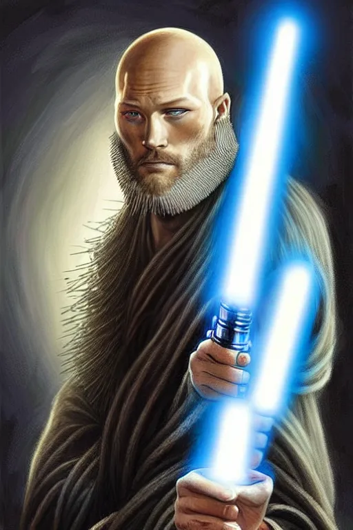 Prompt: bald Travis Fimmel with a long shaggy beard as a Jedi Master, looking at the viewer, lightsaber, detailed face, high contrast, highly detailed, digital painting, sharp focus, trending on artstation, concept art, illustration, Star Wars art, art by greg hildebrandt and clayton crain