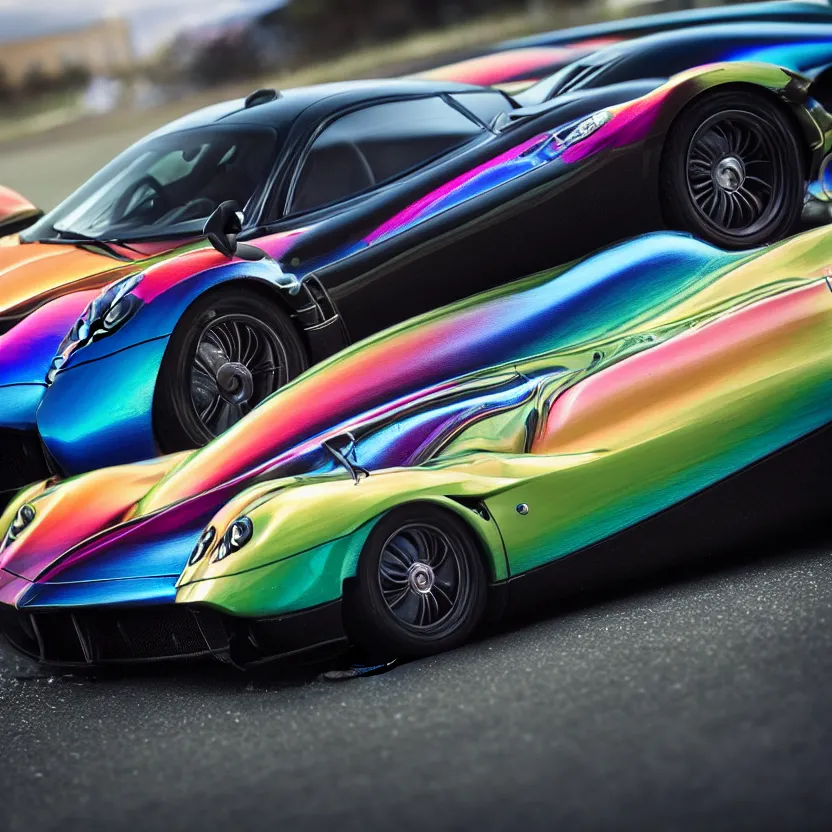 Prompt: close - up of an iridescent rainbow pagani huayra in an empty parking lot, after crashing crumpled body, smoke, melted plastic, puddles of fluid, 4 k, highly detailed, award winning, look at all that detail!