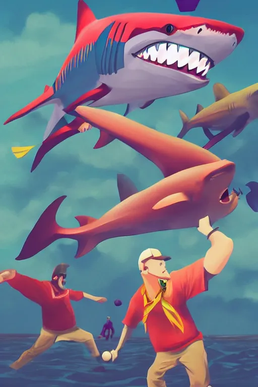 Image similar to colorful shark people playing baseball, digital art, artstation trending, digital painting