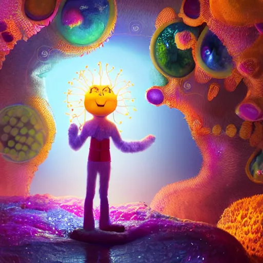 Image similar to gates of heaven, expressive eyes, floating, rbc, bunny, radiolaria, protophyta, micro - organisms, center frame, symmetric, rim light, marine microbiology, bioluminescence, electric, fur, soft, concept art, intricate details, highly detailed, colorful, photorealistic, disney pixar, octane render,