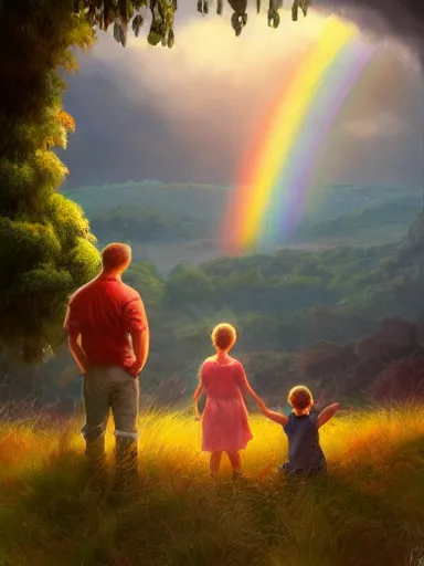 Image similar to dad. mom. kids. a happy familly looking at a distant rainbow. green valley horizon. a village. intricate, elegant, highly detailed, digital painting, artstation, concept art, sharp focus, illustration, by justin gerard and artgerm, 8 k