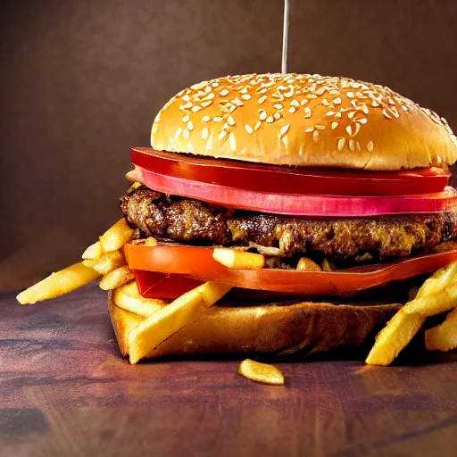 Image similar to kevin bacon portrait eating bacon burger soda fries, award winning food photography