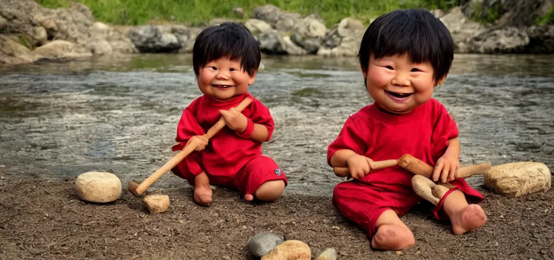 Prompt: a full - body portrait of little asian cuties caveman, have 3 times oversized head, smile expression, make stone tools at the river bank, holding the stone adze, cute red puppet sit beside them, a colorized photo, colorized, # film, movie still