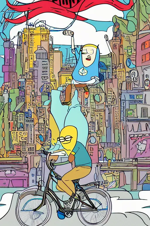 Image similar to illustration of an original character riding a bike in the big city, in the style of adventure time, by pendleton ward