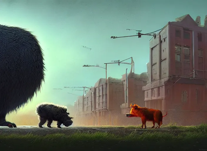 Prompt: giant monstrous aggressive furry creature lurking over a cowering smaller creature, in the foreground a small town, epic science fiction horror digital matte painting by Simon Stalenhag and Mark Brooks, extremely detailed, artstation