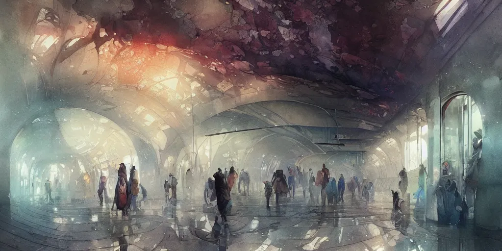 Prompt: a beautiful insanely intricate watercolor illustration of modern metro station, reflexions, colorfull, by william turner art, by greg rutkowski, by james jean, by rossdraws, by frank franzzeta, by sakimichan, by edmund dulac, trending on artstation, insanely detailed, masterpiece,