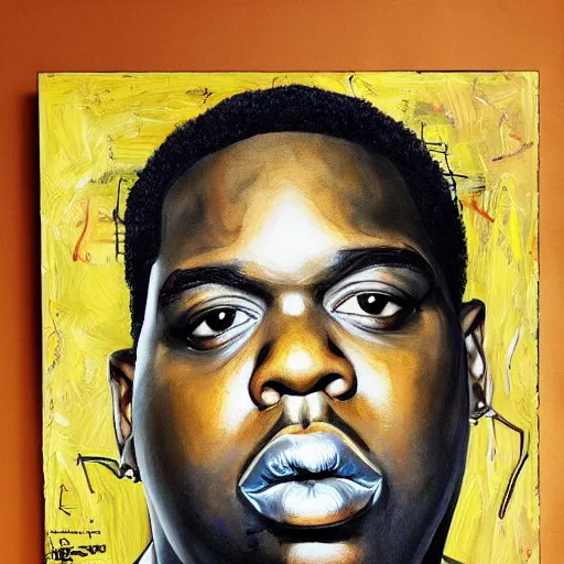 Prompt: a painting of a hyper realistic biggie smalls, art by basquiat, intricate, ultra detailed, photorealistic, black and gold colors, dark background trending on artstation