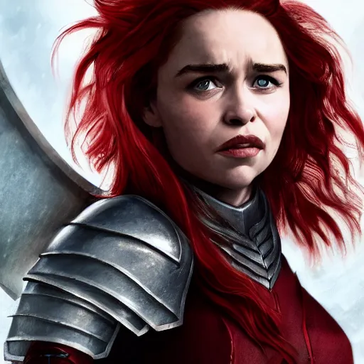 Image similar to emilia clarke, as a medieval fantasy character, with dark red hair, wearing light armor and red clothing, holding a longsword, determined expression, noble, cinematic, dark, realistic, digital art, 8 k