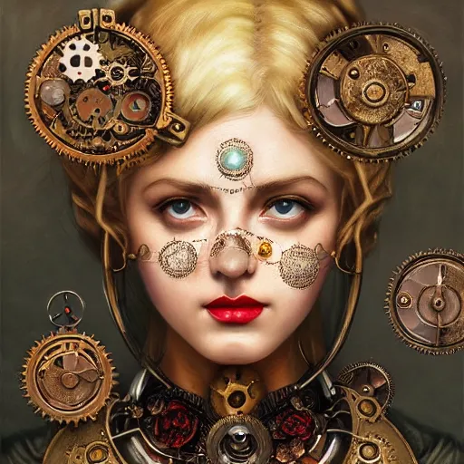 Prompt: A steampunk beautiful goddess, she is blonde with red lips, she is embellished with gears wheels and gemstones, by William Holman Hunt, Greg Rutkowski, Stanely Artgerm, Tooth Wu, Peter Gric, Aaron Horkey, trending on Artstation, digital art, mythological, symmetrical artwork, cinematic lighting, hyper realism, high detail, octane render, ultra realistic, golden ratio, 4k, 8k