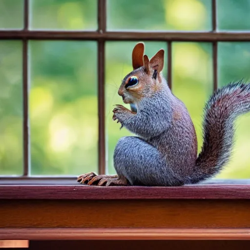 Prompt: Fifteen squirrels looking in from a window on a dining room table. Beautiful natural lighting. Photograph.