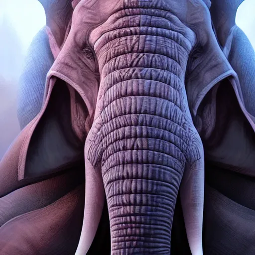 Image similar to Warlock with elephant traits. Character portrait, face close-up, of an anthro elephant warlock in the style of Bastien Lecouffe-Deharme. Tusks, long trunk holding a wand, looks like Ganesh.