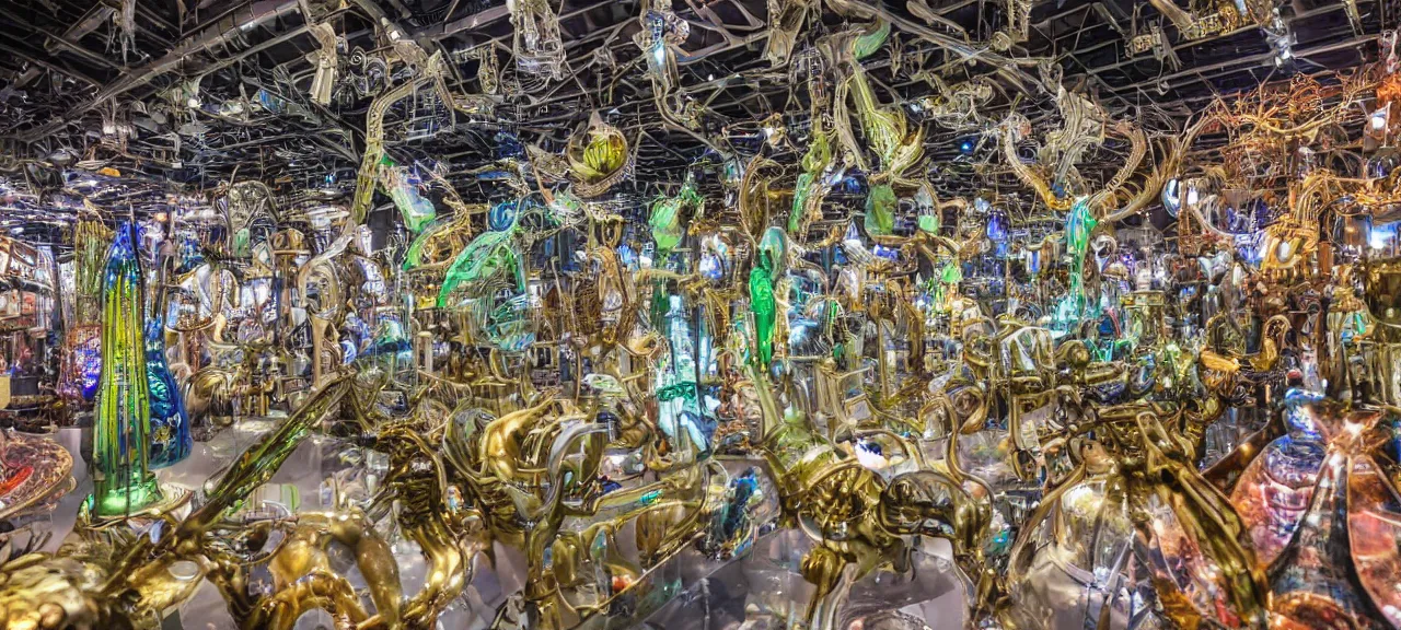 Prompt: Wide view on the great exhibition room with thousands of different detail crafted glass mechanical alien gadgets and weapons,details, realistic colorful photography