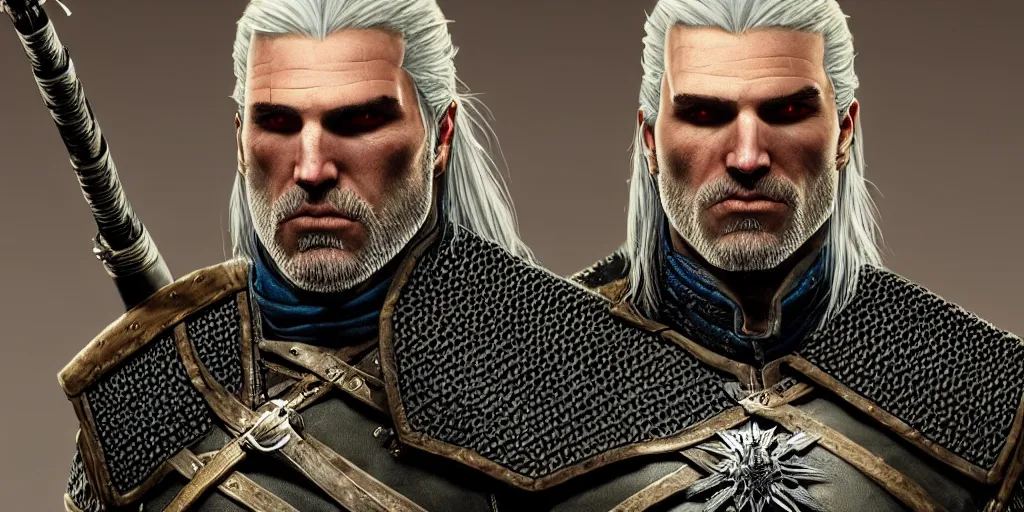 Image similar to geralt from syria new costume concept design with metal sholders and ornaments on the armor, witcher wild hunt, layered armor, fashion, colors with gold and dark blue, concept art, by artgerm, greg rutkowski, cinematic light, featured on artstation, octane render, sharp focus, ray tracing, artstationhq, cgsociety, 8 k.