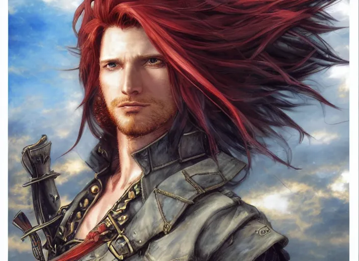 Prompt: a long haired, red headed male sky - pirate in front of an airship final fantasy character design sheet, by takehiko inoue and kim jung gi and hiroya oku, by thomas kinkade and greg rutkowski and ilya kuvshinov, masterpiece illustration, ultrarealistic, perfect face and anatomy, golden ratio