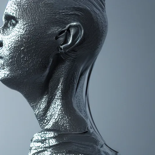 Image similar to 3 d render melted humanoid, sculpture, chrometype, liquid metal, neotribal, raytraced, volumetric lightning, 8 k by wlop, innate studio h - 1 0 0 0 w - 1 0 0 0
