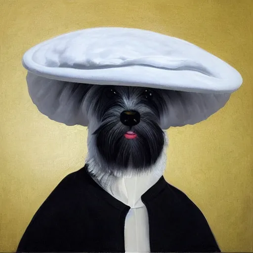 Prompt: “an oil painting portrait of a White Schnauzer dog wearing Artist robe and a Beret cap on a dark nebula background” digital Art, concept Art, highly detailed, 3-D 4K, trending on art station, Award winning, Mark Brooks,