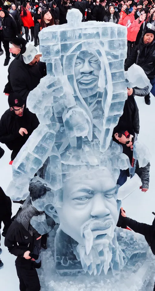 Image similar to dramatic photo, the rapper'ice cube'carving a full body ice sculpture of rapper'ice cube'at harbin ice festival, wide angle photo, award winning, artgerm, wlop, james gurney, trending on artstation