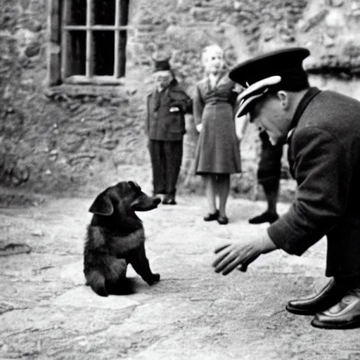 Image similar to ultra wide 1 9 4 6 historical photo of a single german general kneeling to pet a cute corgi, a young queen elizabeth stands near him, french village exterior, highly detailed, sharp focus