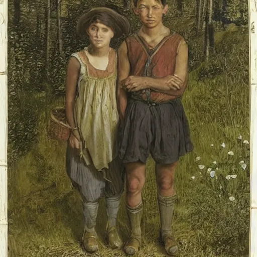 Image similar to a young, poor peasant brother and sister in the forest, wearing peasant clothing, by james gurney and ivan shiskin